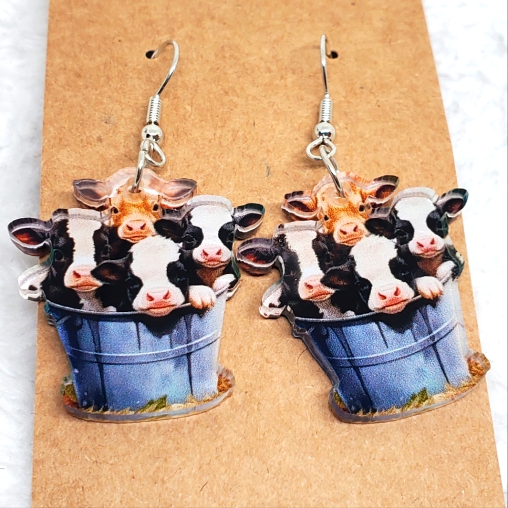7/$10 Cows in a Bucket Earrings, New